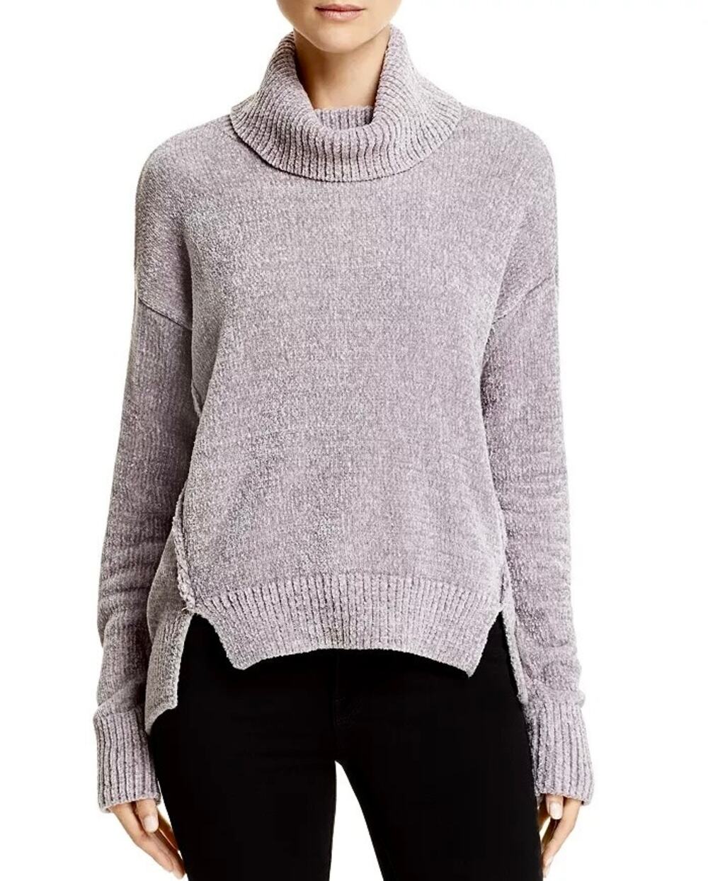 Aqua Chenille Turtleneck Sweater Small Gray Side Slit High Low Bloomingdales